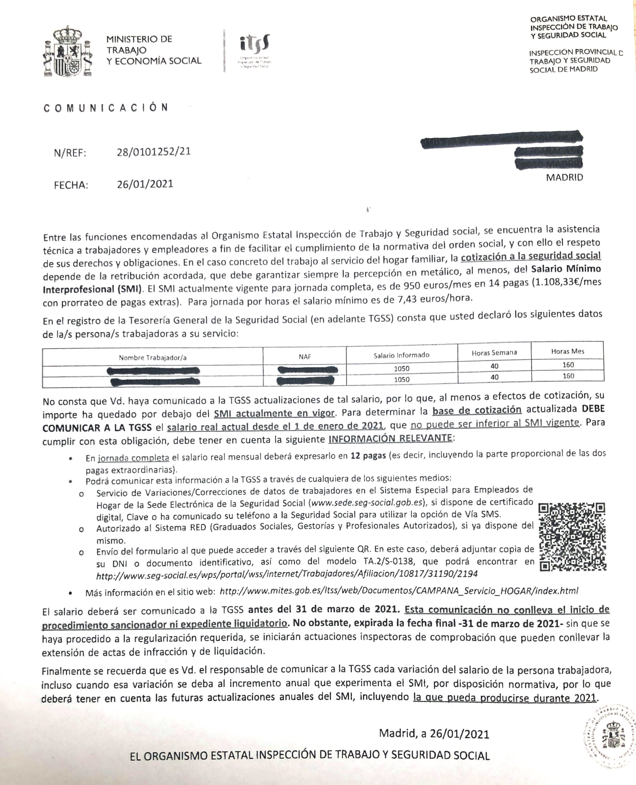 Carta de la inspección de trabajo a empleadores de hogar enero 2021